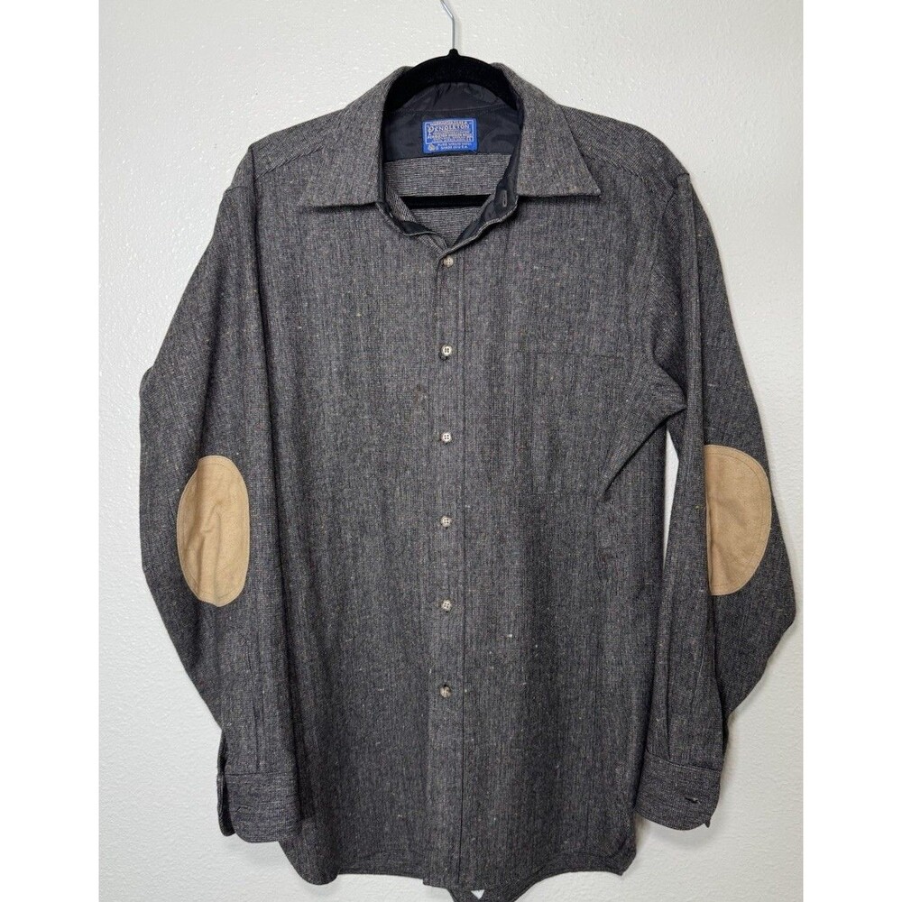 Pendleton Shirt Mens Button-Up Wool Elbow Patches Gray Made In USA Size Large